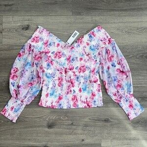 BB Dakota Off the Shoulder Top Large Smocked Blouson Sleeve Floral Cottagecore